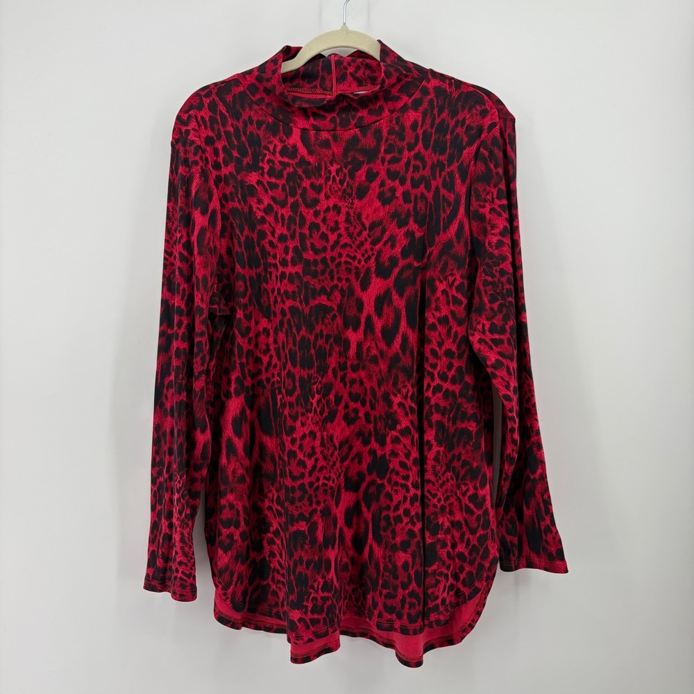 Chico's Womens Large Red Leopard Mock Neck Pima Cotton Long Sleeve Top